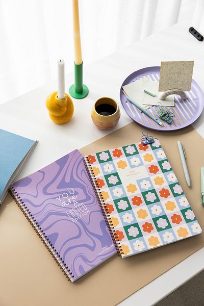PAPERORA A4 Spiral Cardboard Cover Set of 2 Checkered School Notebook 80 Sheets, Lilac Flower with Lesson Schedule