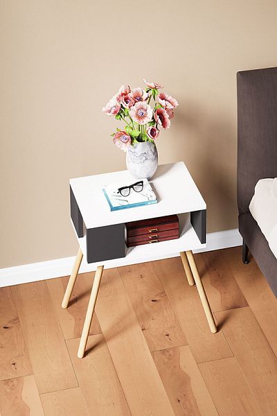 interGO Nightstand With Wooden Legs, Decorative - White / Gray