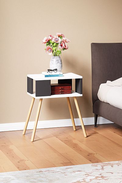 interGO Nightstand With Wooden Legs, Decorative - White / Gray