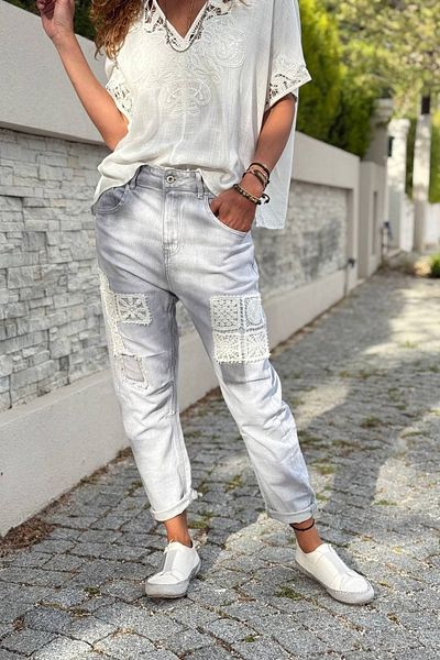 Güneşkızı Gray Pocket Washed Embroidered Normal Waist Pipe Leg Loose Denim Trousers 95 55