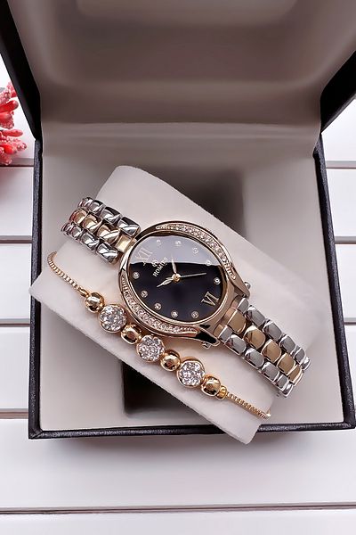 Homies Women's Oval Case Wristwatch Gold Silver Steel Band Hmby2050C3 Gift Bracelet