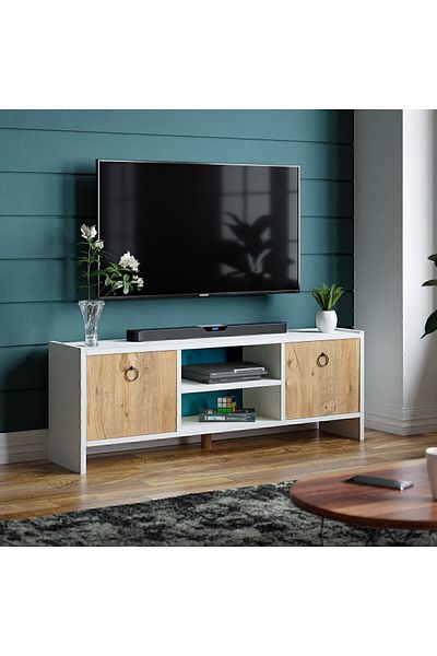 interGO TV Unit With Doors - White / Atlantic Pine Pattern Doors