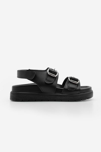 Marjin Riemchensandalen aus echtem Leder für Damen, schwarz, dicke Sohle und Klettverschluss hinten