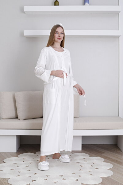 LOHOUSE Kadın Ekru Fisto Keten Pamuklu Lohusa Hamile Gecelik-Sabahlık 2'li Set