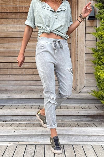 Güneşkızı Italian Gray Pocket Washed Star Appliqued Elastic and Tie Waist Lycra Woven Trousers 93 60