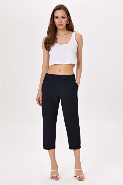 İKİLER Beli Lastikli Paçası Metal Aksesuarlı Cepli Pantolon 025-3510