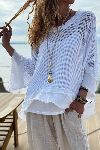Güneşkızı Italian Ecru Boat Neck 3/4 Sleeve Lined Crap Stitched Mesh Loose Woven Blouse 65 75