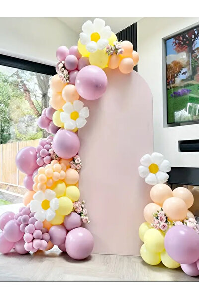 Çemrek Süs Parti Toz Pembe Sarı Somon Papatyalı Balon Zinciri Seti 103 lü