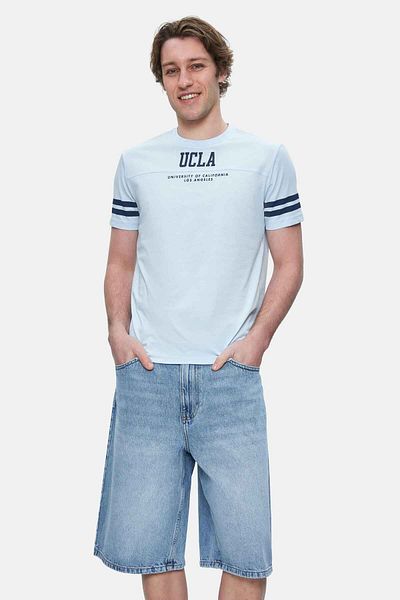 UCLA Tricou pentru bărbați STARK Sky Blue cu mâneci cu dungi cu decolteu imprimat standard