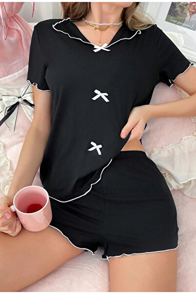 PEMBİŞ HOMEWEAR Siya Gömlek Yaka Kısa Kollu Fiyonklu Şort Takımı