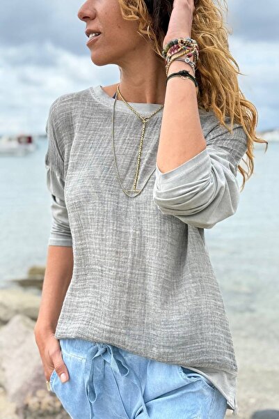 Güneşkızı Italian Gray Long Arm Washed Soft Textured Cotton Loose Woven Blouse 65 60