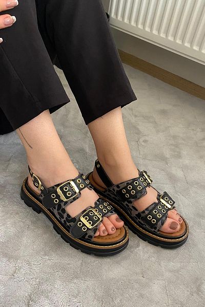 Preshley Sandale de damă cu cap de leopard negru Sandale ortopedice Kabsule cu curele duble de leopard negru