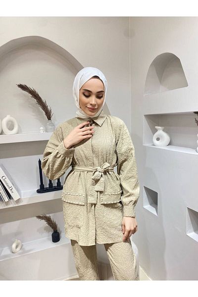 comstar Set de top pentru femei jacquard, cu brâu, cu buzunar, cu fundul de piatră