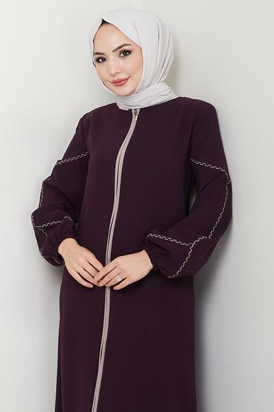 hafsamina Sleeves Embroidered Ferace Plum Hm2721