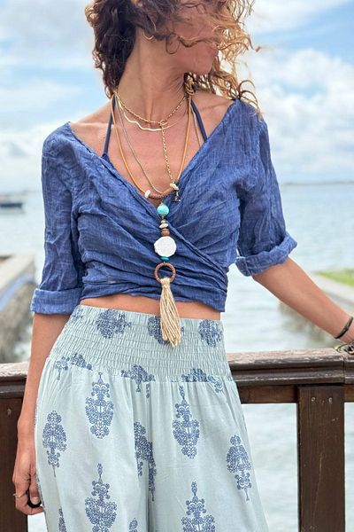 Güneşkızı Indigo Double Breasted Neck Tie Soft Textured Voile Crop Woven Blouse 40 40