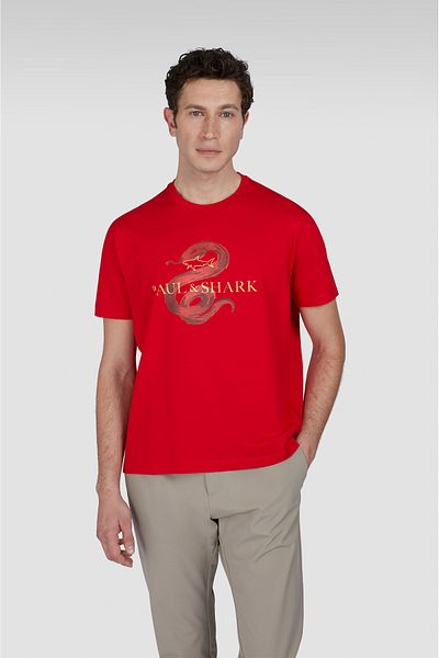 PAUL&SHARK Men's Regular Fit Snake Printed Cotton Round Neck Short Sleeve Red T-Shirt 25411102 -577