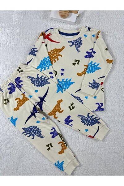 Little Miny Kids Minykids Dinosaur Pattern Cream Color Boy's Pajama Set