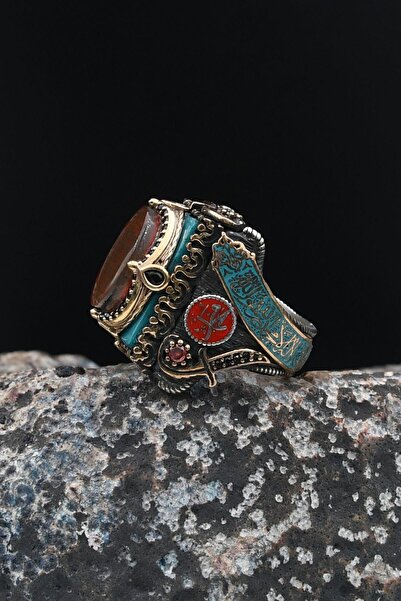 Prestige Özel Tasarım Mineli Hz. Süleyman Mührü ve Kelime-i Tevhid ve Allah ve Muhammed Yazılı Gümüş Erkek Yü