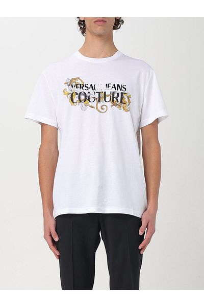 Versace تي شيرت أبيض بأكمام قصيرة وياقة دائرية للرجال مع نص ونمط 78gahc05cj01c-g03