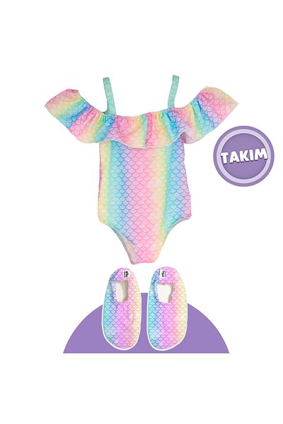Ella Bonna Rainbow Themed Girl's Beach Combination Sea Shoes & Sea Swimsuit Set