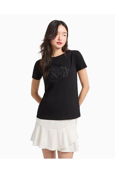 Armani Exchange تي شيرت نسائي أسود - قصة عادية، رقبة دائرية، شعار لامع، أكمام قصيرة
