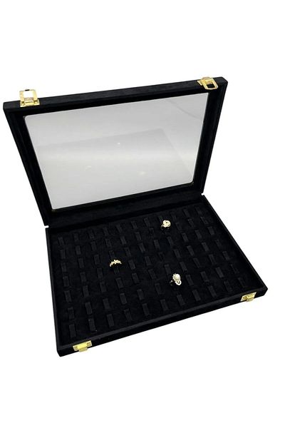MeGass Dekor Suede Fabric Black Color with Glass Cover 34 cm / 24 cm Nail Ring Display Stand