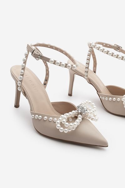 Marjin Beige Damen Stiletto Schuhe Spitze Zehe Perle Stein Knöchel Schnürung Heels