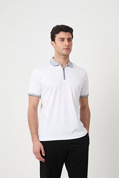 SILVANO تي شيرت رجالي بياقة بولو بيضاء منقوشة بياقة بسحاب