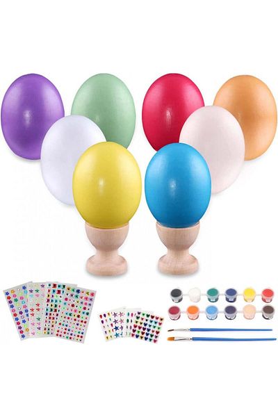 Sunanfbest Set de ouă de Paște cu 8 ouă, 2 suporturi și accesorii de pictat, multicolor, lemn