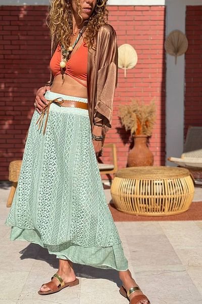 Güneşkızı Italian Green Lined Asymmetrical Woven Skirt with Elastic Waist and Openwork Belt
