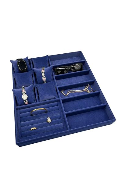 MeGass Dekor Domestic Production Miami Model Suede Fabric Navy Blue Color 38 cm /34 cm Jewelry Display Drawer Stand