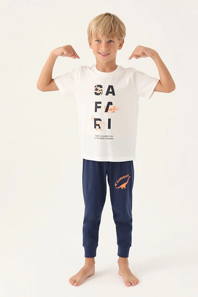 Rolypoly Boy's White Safari Printed Short Sleeve Cuffed Pants Pajama Set