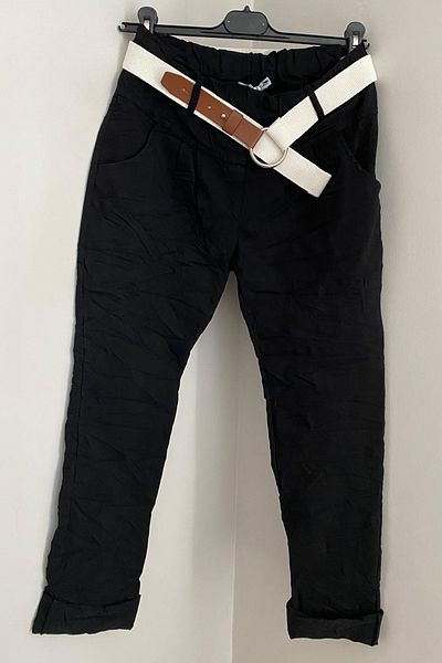 AYASOFYA OTANTIK Women's Italian Black Elastic Waist Straight Pattern Belted Pocket Lycra Skinny Leg Trousers