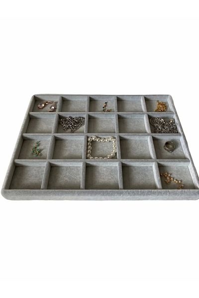 Hedef Bijuteri 20 Compartments Gray Suede Jewelry Tray, Jewelry Organizer Stand