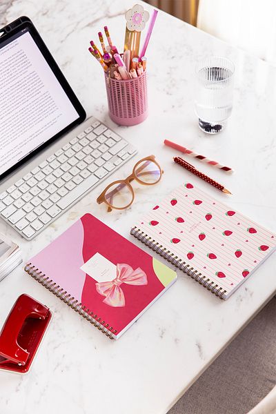 PAPERORA A5 Spiral Cardboard Cover Set of 2 Ruled School Notebook 80 Sheets, Strawberry with Lesson Schedule