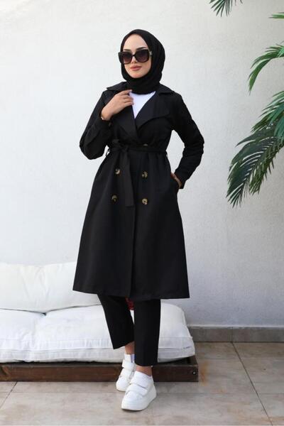 giyze Boyfriend Tesettür Trençkot Siyah 5853