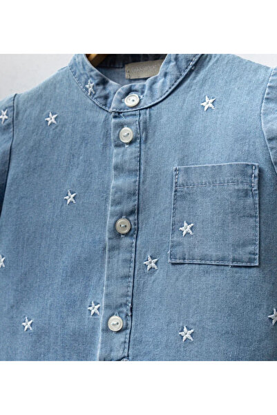 Cassiope Denim Fabric Starry Embroidery Embroidered Front Buttoned Short Sleeve Summer Baby Boy Jumpsuit