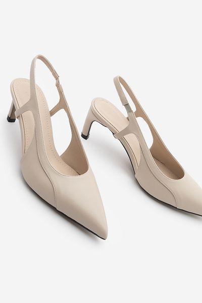 Marjin Women's Stiletto Pointed Toe Slingback Heeled Shoes Ketza Ecru