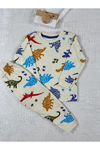 Little Miny Kids Minykids Dinosaur Pattern Cream Color Boy's Pajama Set
