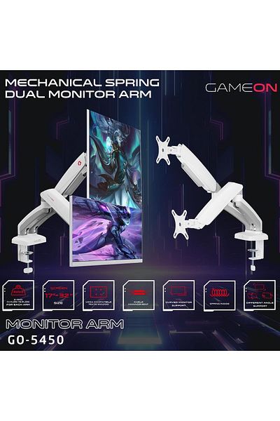 GAMEON GO-5450 Dual Monitor Arm, Gaming And Office Use, Supports 17" - 32”, Each Arm Up To 2-9 KG - White