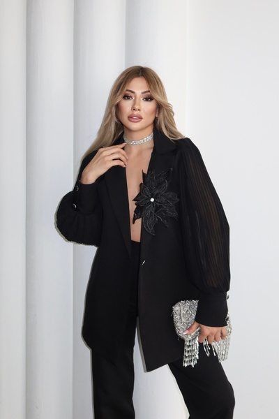 1Moda1Tarz Női importált atlasz szövet ujjú sifon redős rózsa részlet öves bélelt különleges kialakítású felső és alsó készlet