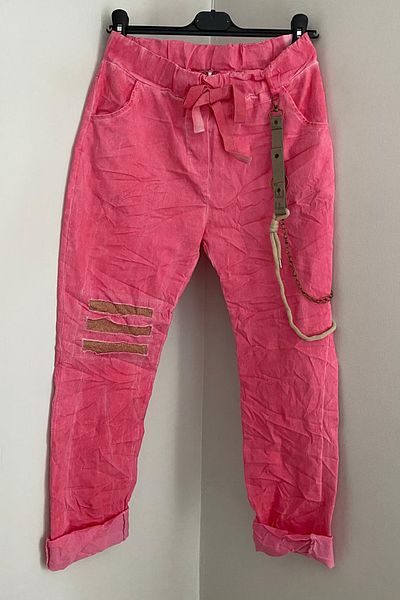 AYASOFYA OTANTIK Women's Italian Pink Elastic Waist Patch & Chain Lycra Trousers with Demand Pockets