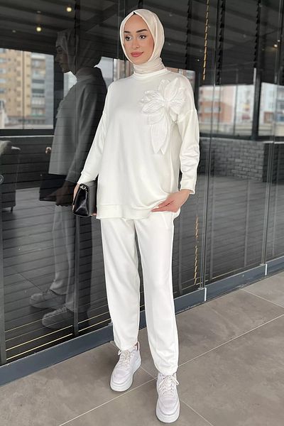 julude White Collar Floral Detailed Tunic Trousers Hijab Double Set