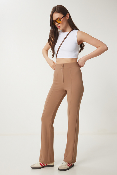 Lovelyİstanbul Yüksek Bel Likralı Örme Pantolon CAMEL LRV0004