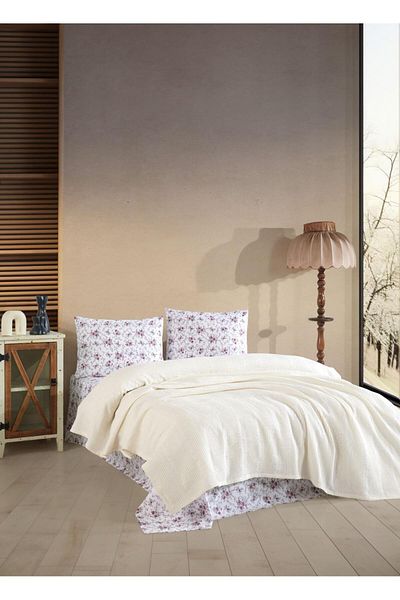 JOLLY HOME Cream Color & Floral Patterned Double Pique Set - 100% Cotton Soft & Comfortable Set