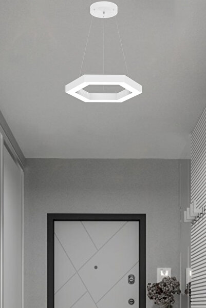 Hegza Lighting Hexagon ( Beyaz Kasa, 4000k Işık Rengi ) Modern Led Avize, Salon, Mutfak, Oturma Yatak Odası Sarkıt