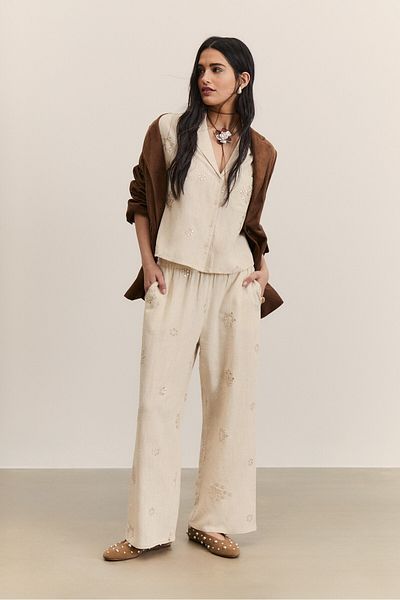 Stradivarius Embroidered Linen Blend Culottes