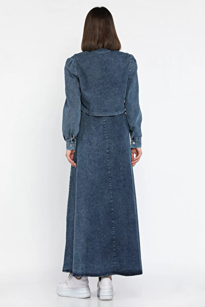 GÜLSELİ Μπλε γυναικείο τζιν τζιν φόρεμα με δεμένη μέση Σετ δύο τεμαχίων