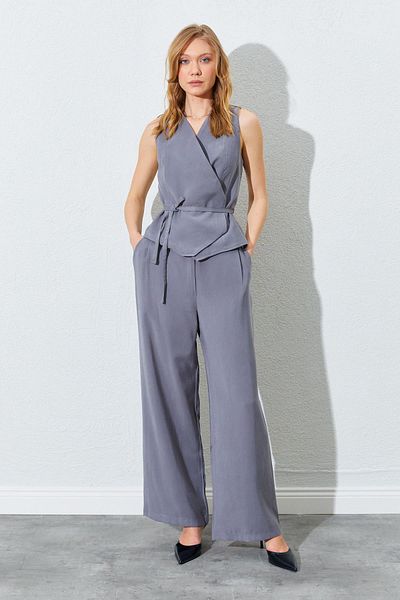 TENA Women's Anthracite Double Breasted Vest and Tied Palazzo Trousers Suit