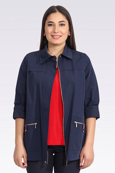 TOLGA SARAÇOĞLU 60126 Dark Blue Striped Detailed Unlined Thin Fabric Coat